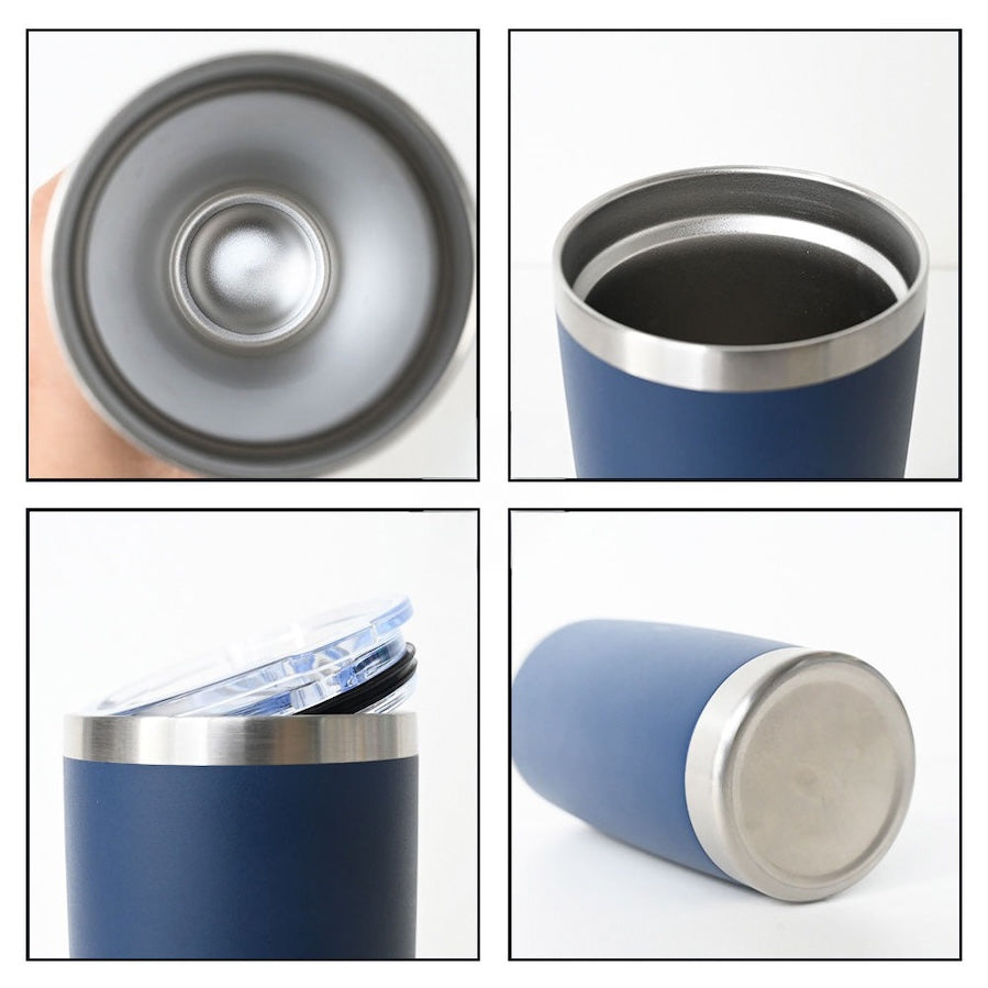 Collage of a blue insulated tumbler with silver lid on a white background