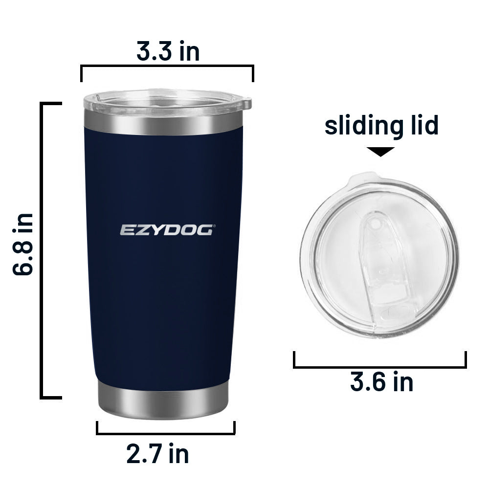 Navy blue tumbler with EzyDog branding and sliding lid dimensions on a white background