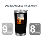 Black insulated tumbler with a view of iced coffee, showing temperature retention times on a white background.