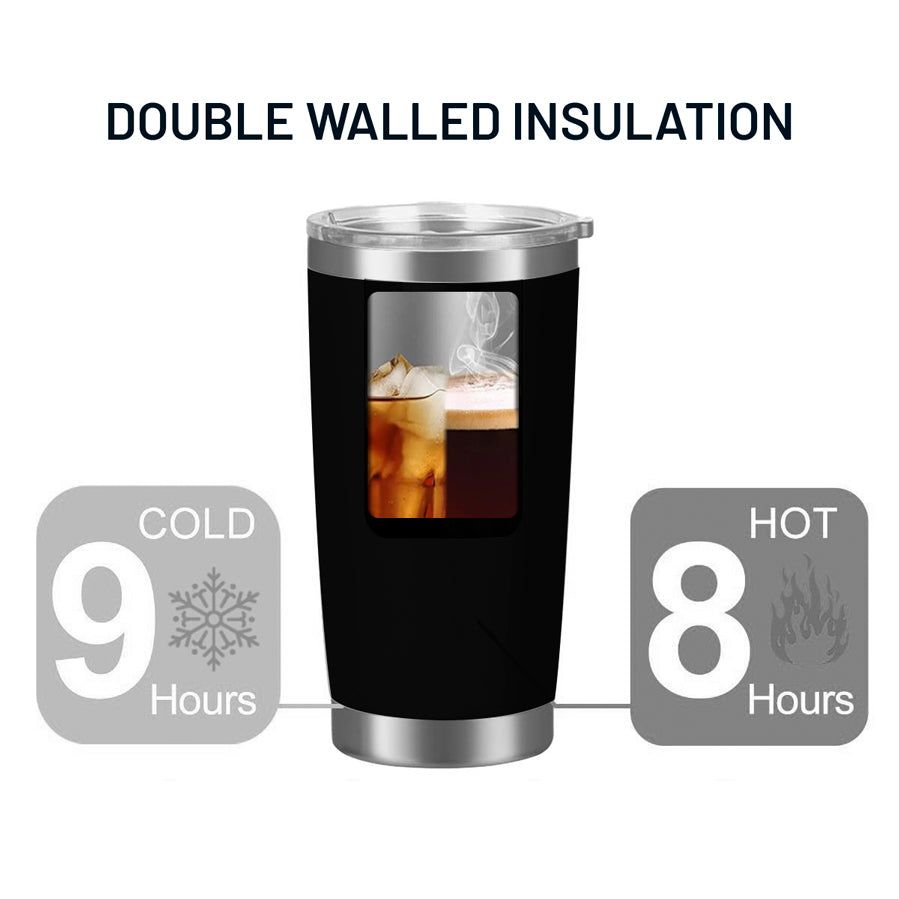 Black insulated tumbler with a view of iced coffee, showing temperature retention times on a white background.