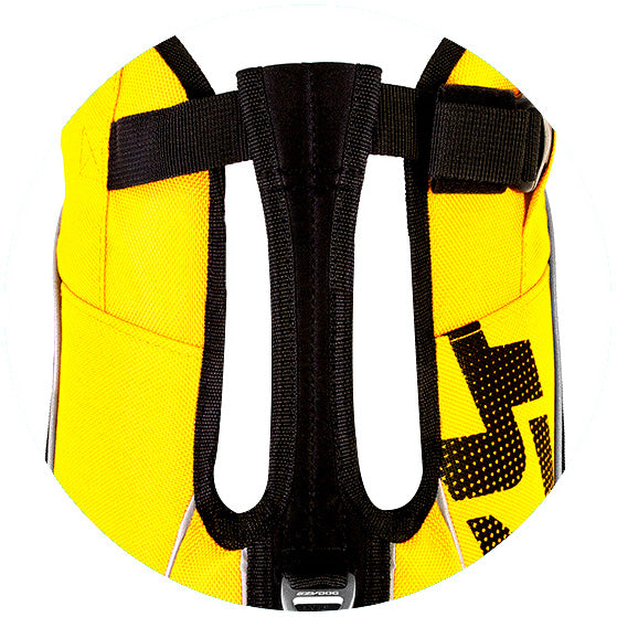 Yellow protective pad with black straps on a white background