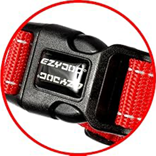 Red dog collar with a black electronic device labeled 'EzyDog' on a white background.