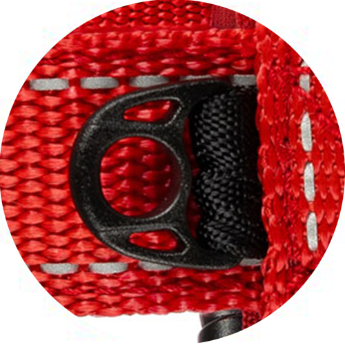 Close-up of a red harness with a black clip on a white background