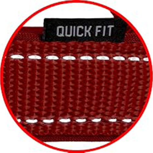 Red woven strap with 'Quick Fit' label on a white background