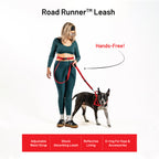 Woman walking a dog using a 'Road Runner Leash' with text highlighting features on a white background.