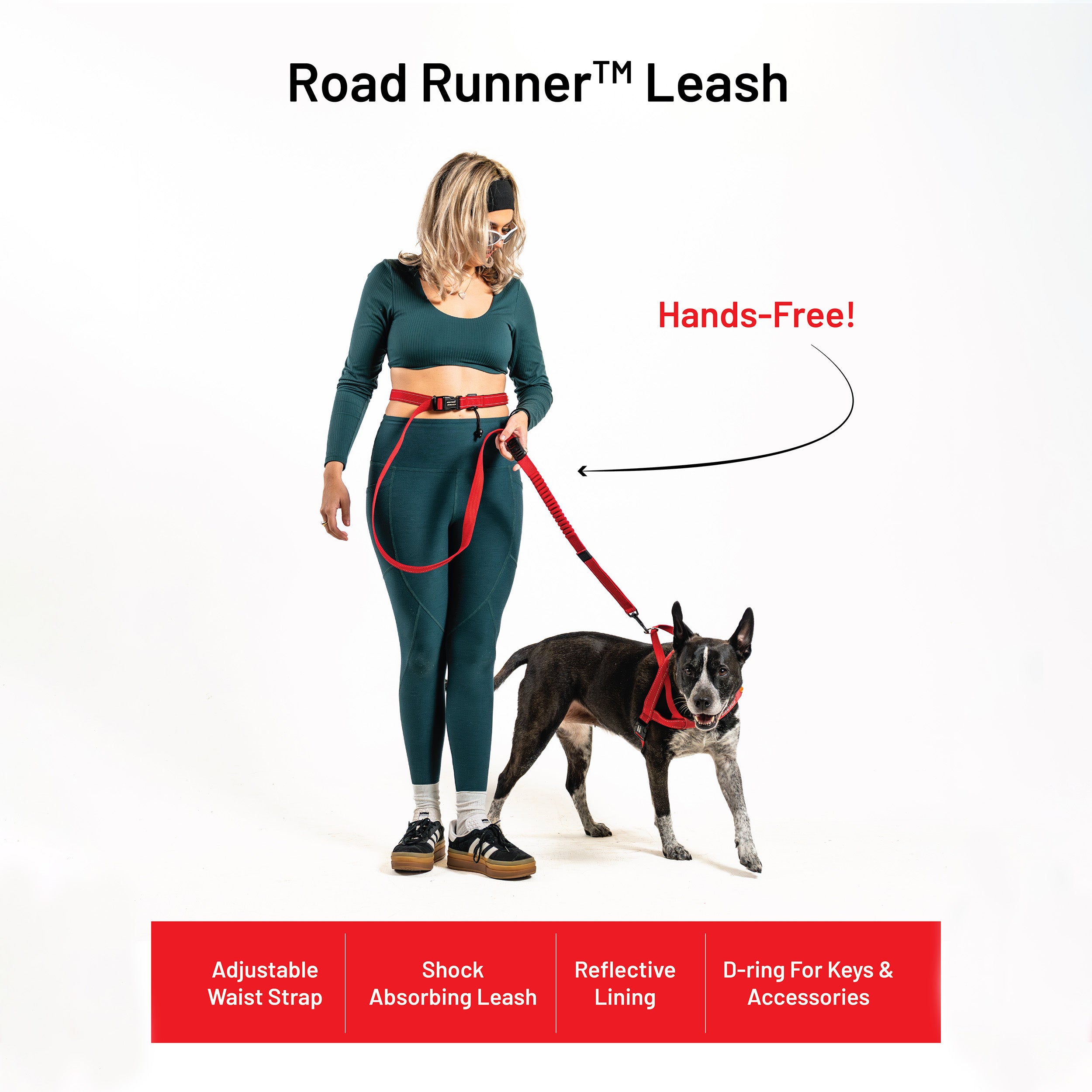 Woman walking a dog using a 'Road Runner Leash' with text highlighting features on a white background.