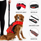 Dog wearing a red life jacket with pet safety equipment icons displayed.
