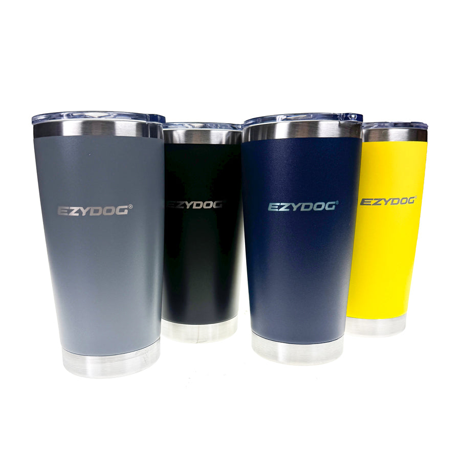 Four EzyDog tumblers in gray, black, blue, and yellow on a white background