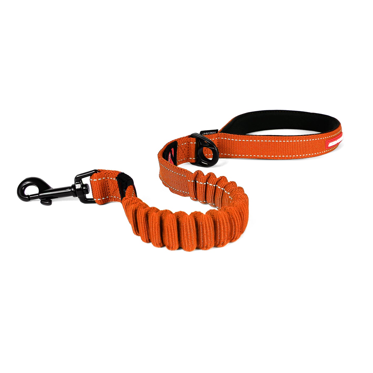 Orange dog leash with black clip on a white background