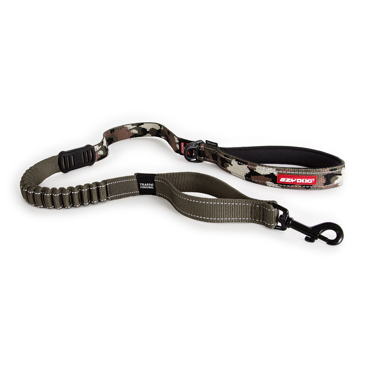 Camouflage dog leash with black clip on a white background