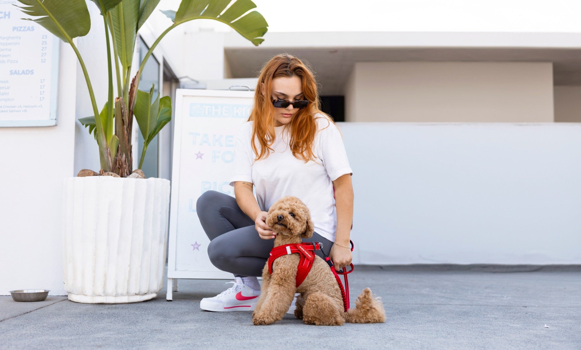Woman with sunglasses and a dog on a leash in front of a modern building.