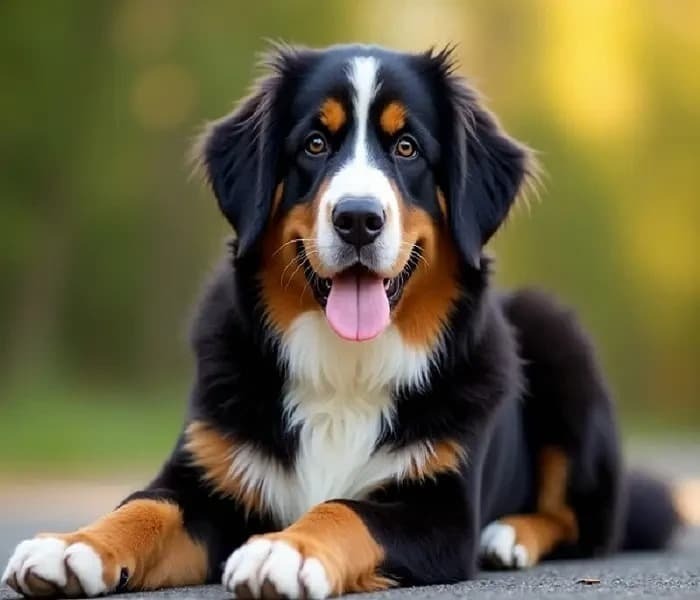 A realistic and charming illustration of a fluffy Bernese Mountain Dog, featuring its signature tri-coloured (black, white, and rust) thick coat.