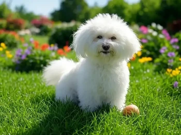 A realistic, charming illustration of a fluffy Bichon Frise dog with a white, curly, hypoallergenic coat. 