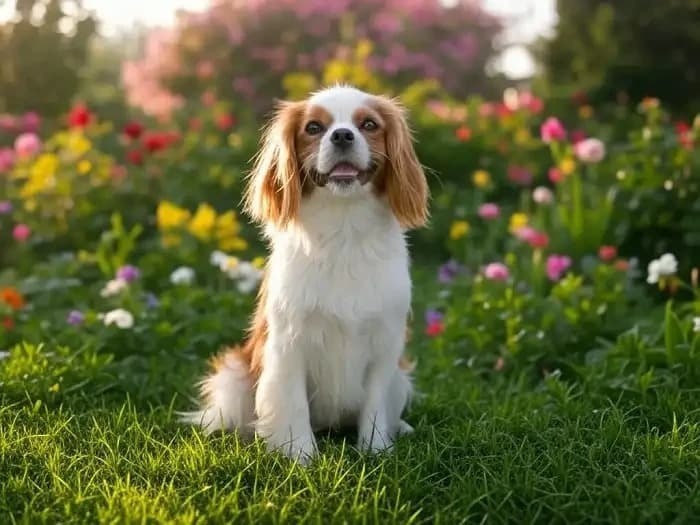 A beautifully detailed, realistic illustration of a fluffy Cavalier King Charles Spaniel, highlighting its silky, soft, medium-length coat.