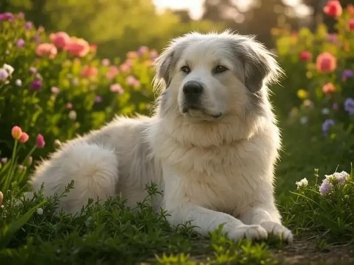 A realistic, charming portrait of a fluffy Great Pyrenees dog in a serene outdoor setting.