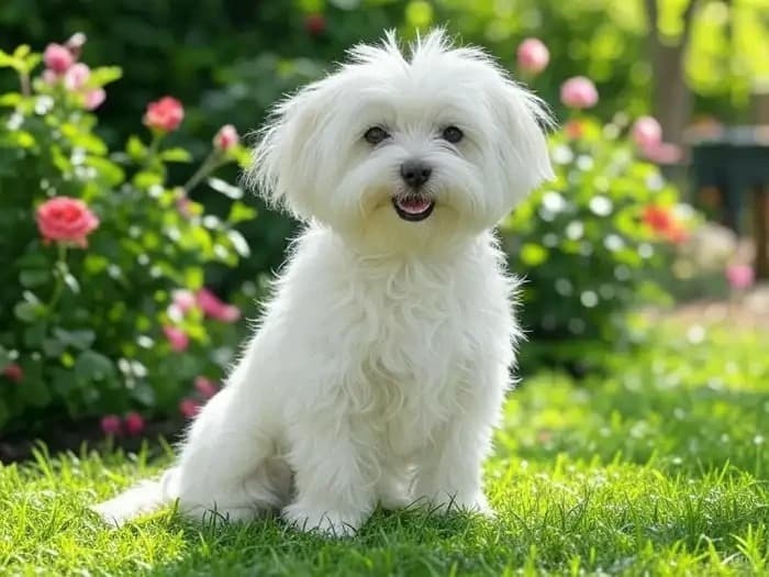 A delightful, realistic portrait of a fluffy Maltese dog featuring its silky, pure-white, hypoallergenic coat.