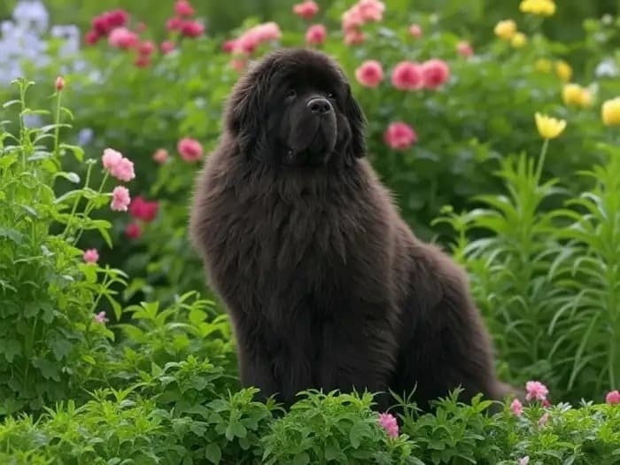 A realistic and appealing illustration of a fluffy Newfoundland dog with a thick, dark coat, looking gentle, patient, and friendly.