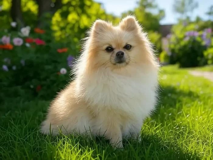 A realistic, charming portrait of a fluffy Pomeranian dog with its characteristic dense, soft coat. 