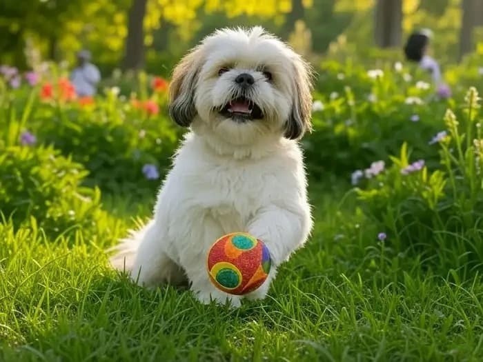 A delightful, realistic illustration of a fluffy Shih Tzu dog, featuring its signature luxurious, long, silky coat.